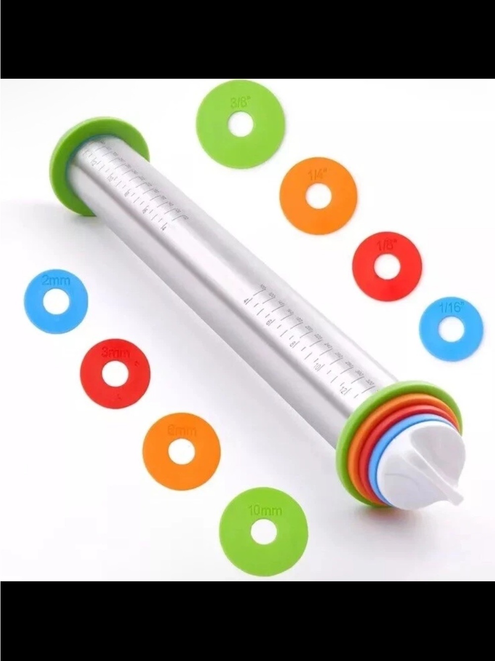 Adjustable Stainless Steel Rolling Pin with Color Gauge Rings - Multicolor